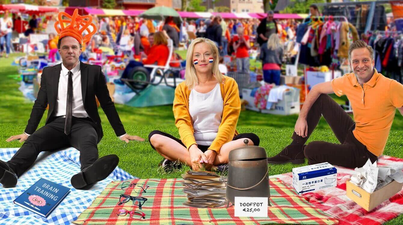 Nederlandse politici staan tijdens Koningsdag op de vrijmarkt met boetekleedjes