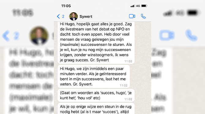 Lees hier de appjes van Sywert naar De Jonge tijdens het debat: ‘Hi Hugo!’