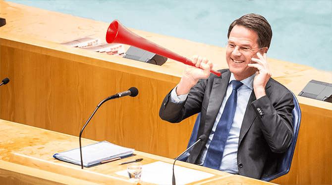 Rutte verstoort speech Zelensky met vuvuzela