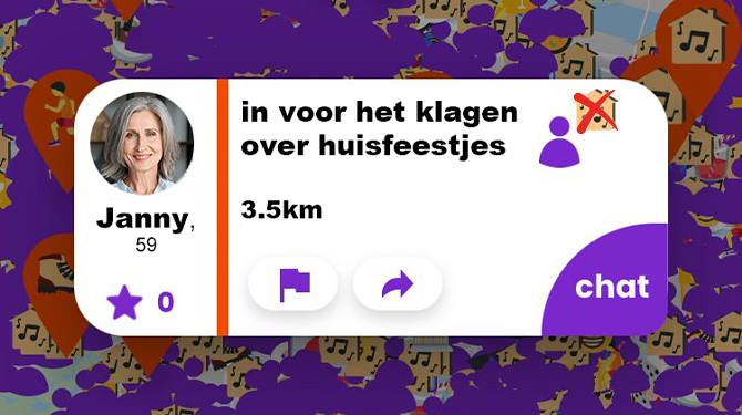 Boze buurvrouw zoekt via Amigos naar mensen in de buurt om samen te klagen over luidruchtige huisfeestjes