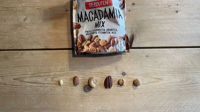 Alle noten uit de gezouten Macadamia-mix gerangschikt
