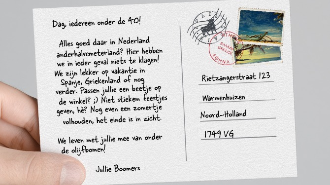 Babyboomers sturen gezamenlijk kaartje naar jongeren vanaf vakantieadres