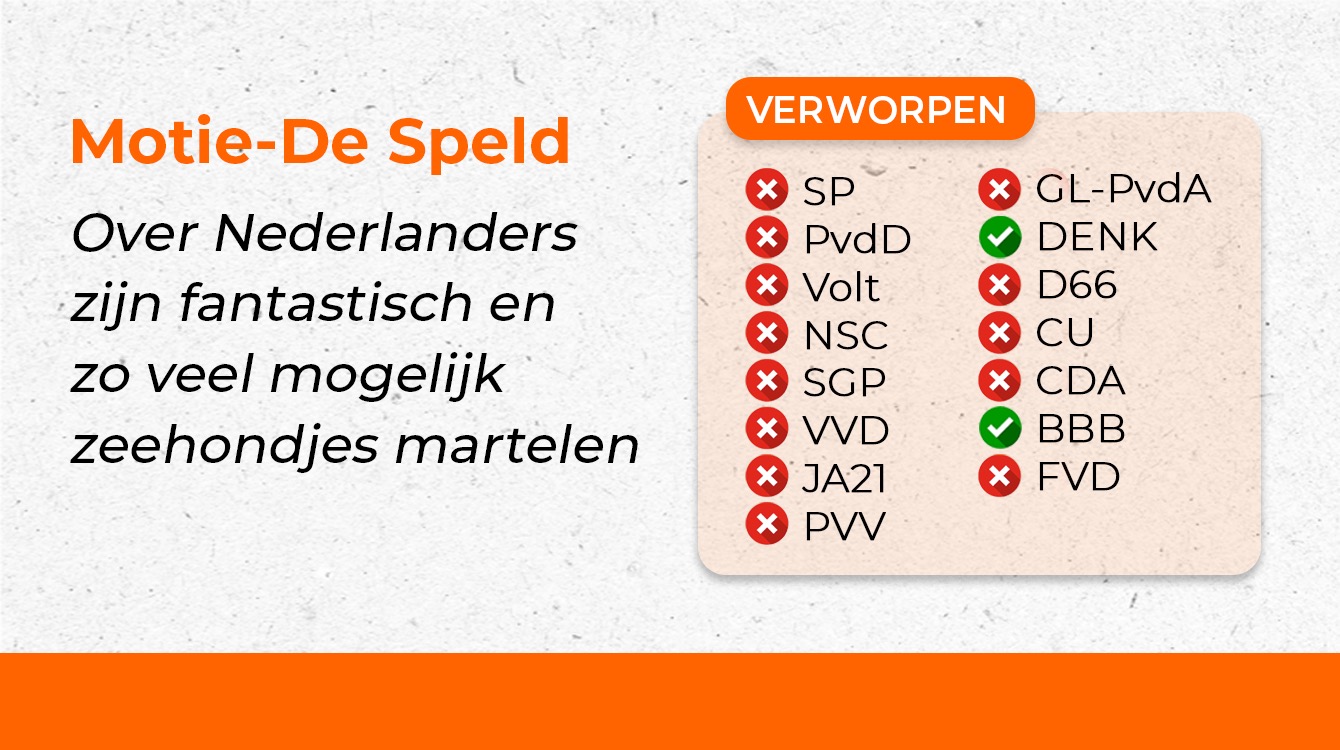 Motie De Speld over Nederlanders zijn fantastisch en zo veel mogelijk zeehondjes martelen