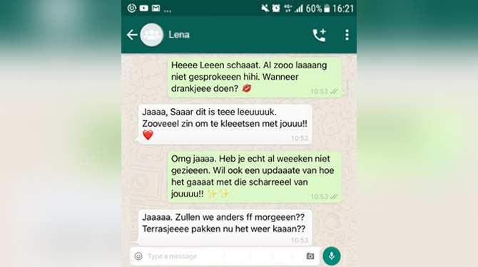 Lena (26) is geen idioot maar verlengt wel de klinkers in woorden op WhatsApp