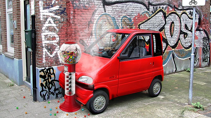 Ramkraak met Canta op kauwgomballenautomaat