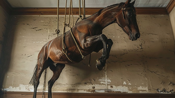 Hipster uit 17e eeuw hangt racepaard aan de muur