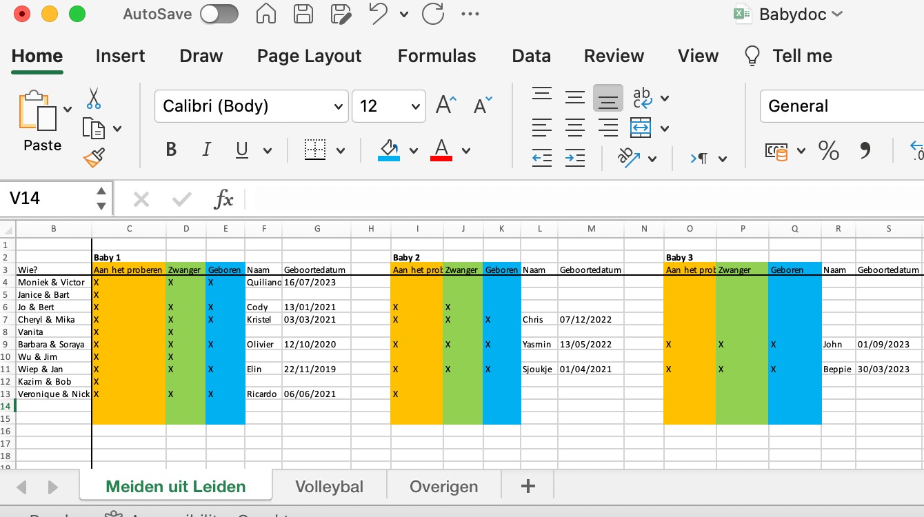 Phylicia maakt spreadsheet aan voor de babystatus van haar vriendinnengroep