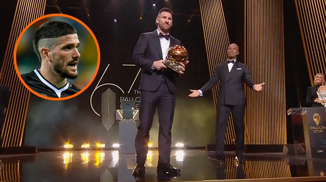 De Paul beukt Haaland en Mbappé voor de zekerheid omver als Messi richting podium loopt voor Ballon d’Or