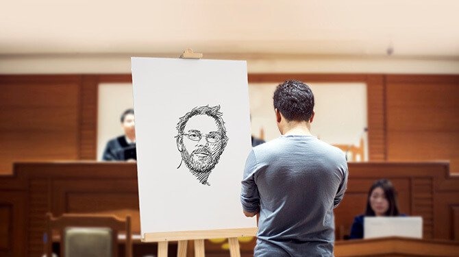 Rechtbanktekenaar schildert man gelijk af als crimineel