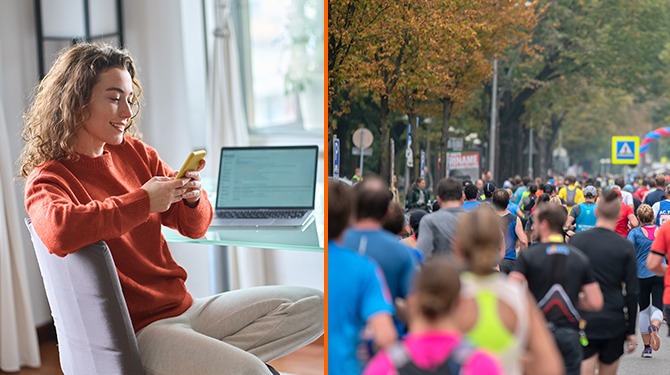 Vrouw checkt LinkedIn om te kijken wie de marathon van Amsterdam heeft gelopen