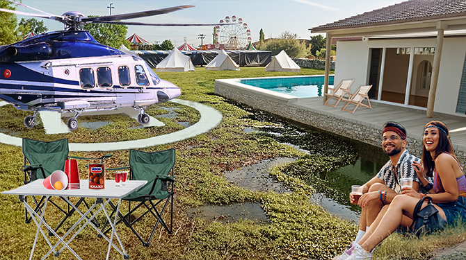Festival biedt vanaf dit jaar op de glamping ook villa's met zwembad, oprijlaan en helikopterlandplaats aan