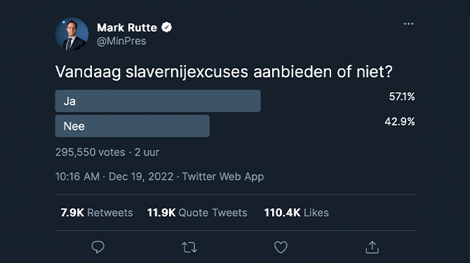 Rutte maakt Twitterpoll: 'vandaag slavernijexcuses aanbieden of niet?'