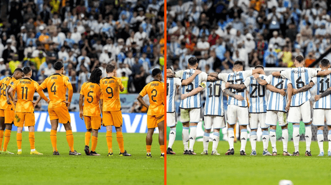 God baalt van twee teams die bidden tijdens penaltyserie