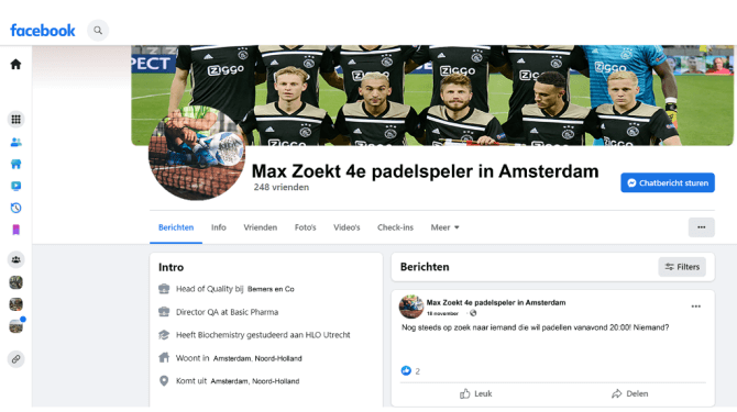 Max (28) verandert Facebook-achternaam in ‘Zoekt 4e padelspeler in Amsterdam’