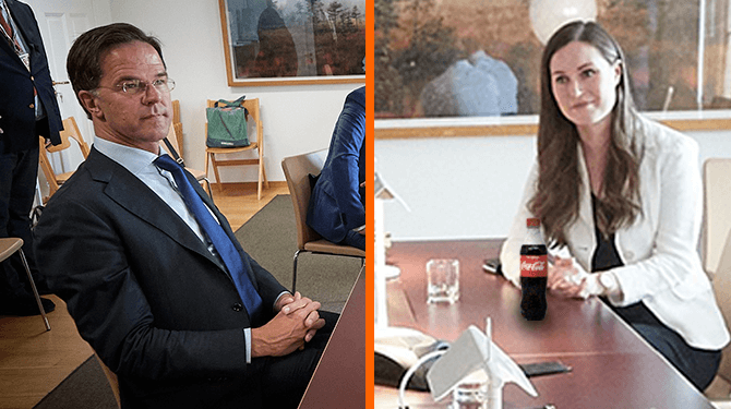 Milieubewust: Rutte en Finse premier Marin delen samen een flesje van Klimaattop hoofdsponsor Coca Cola